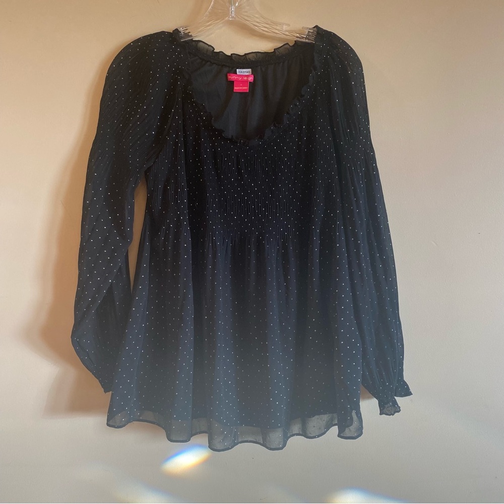 Sunny Leigh Size Small Oversized Black Polka Dots Ruffled Smocked Sheer Blouse
